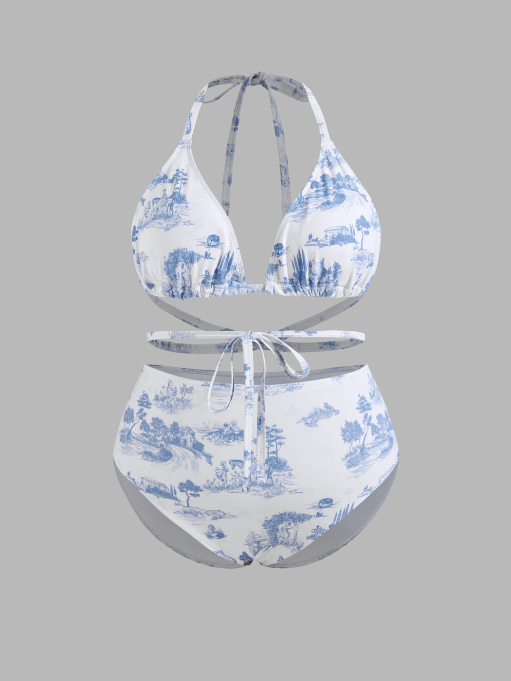 Shaping Halter Toile de Jouy Triangle Cheeky Bikini Set & Sarong Curve & Plus