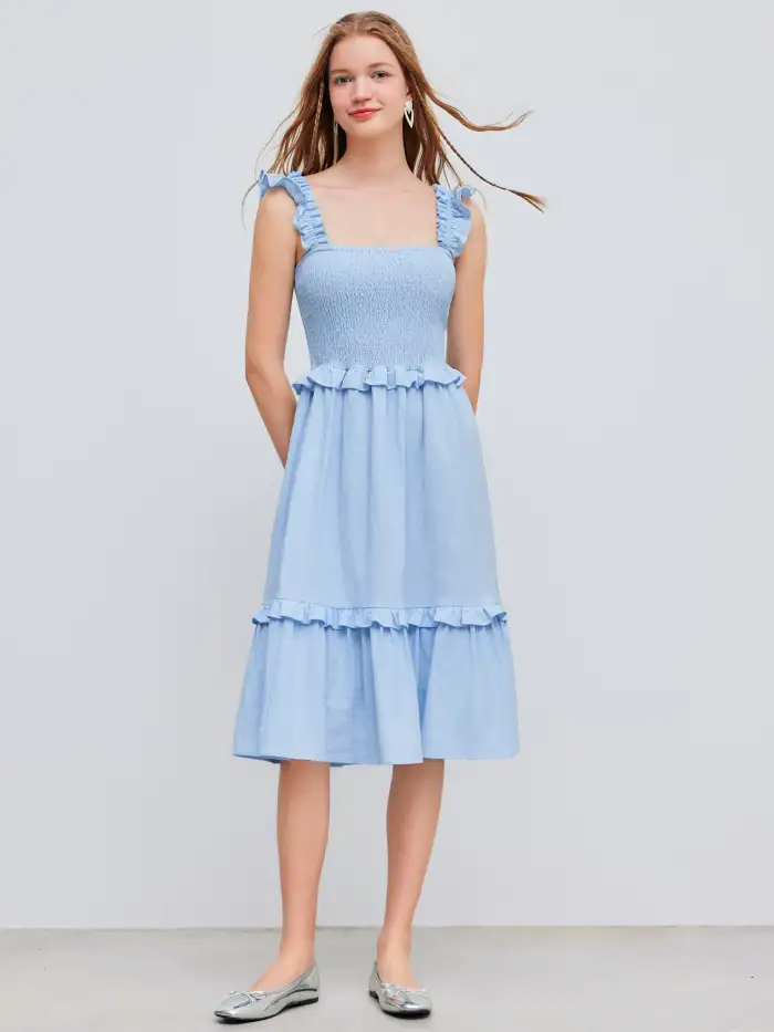 woven square neck solid midi dress Black Cotton Waffle Square Neck Tiered Midi Dress 38" / Tall (5'7" and above)