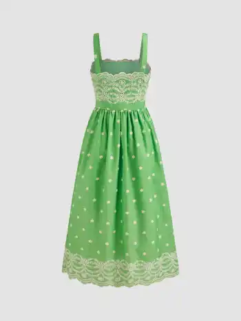 Woven Square Neck Floral Embroidery Maxi Dress