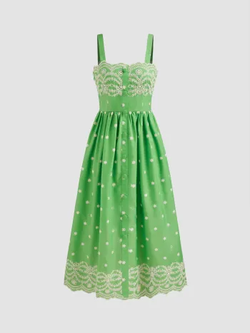 Woven Square Neck Floral Embroidery Maxi Dress