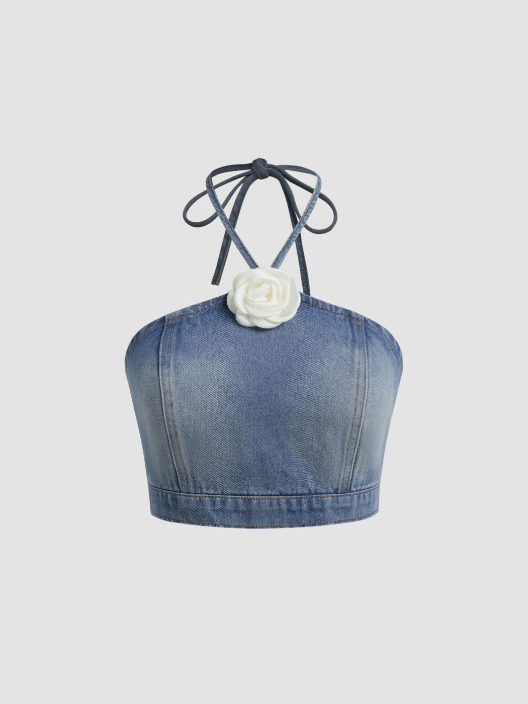 Denim Halter Solid Rosette Crop Top