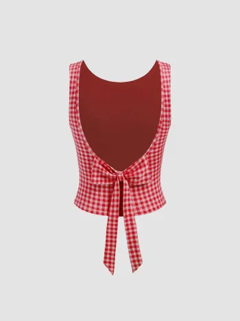 Boat Neck Gingham Bowknot Backless Crop Tank Top