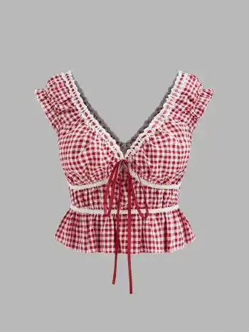 V-neck Gingham Knotted Sleeveless Blouse