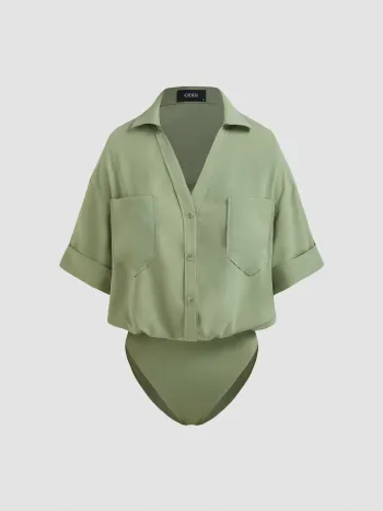 Collar Solid Short Sleeve Shirt Bodysuit