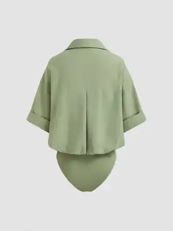 Collar Solid Short Sleeve Shirt Bodysuit