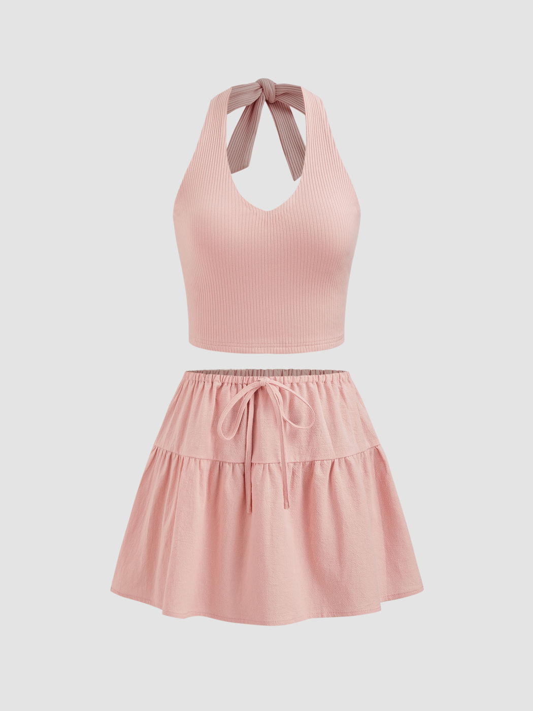 Baumwollmischung Halter Einfarbiges Geknotetes Crop Top & Midirise Rüschen Minirock
