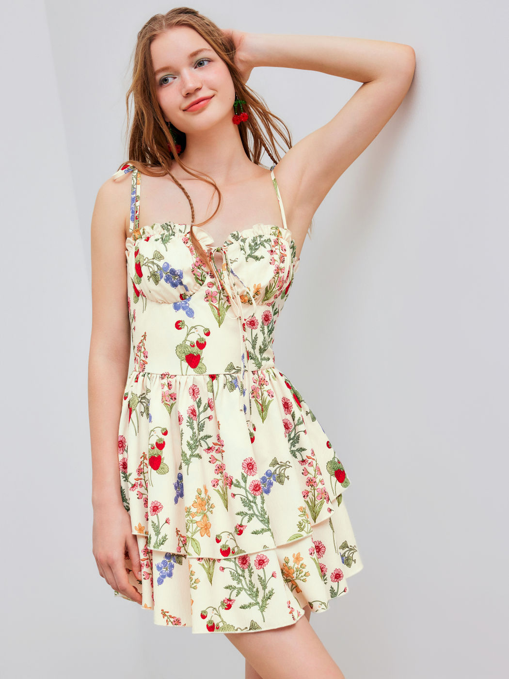 Woven Floral & Fruit Ruffle Hem Knotted Layered Mini Dress