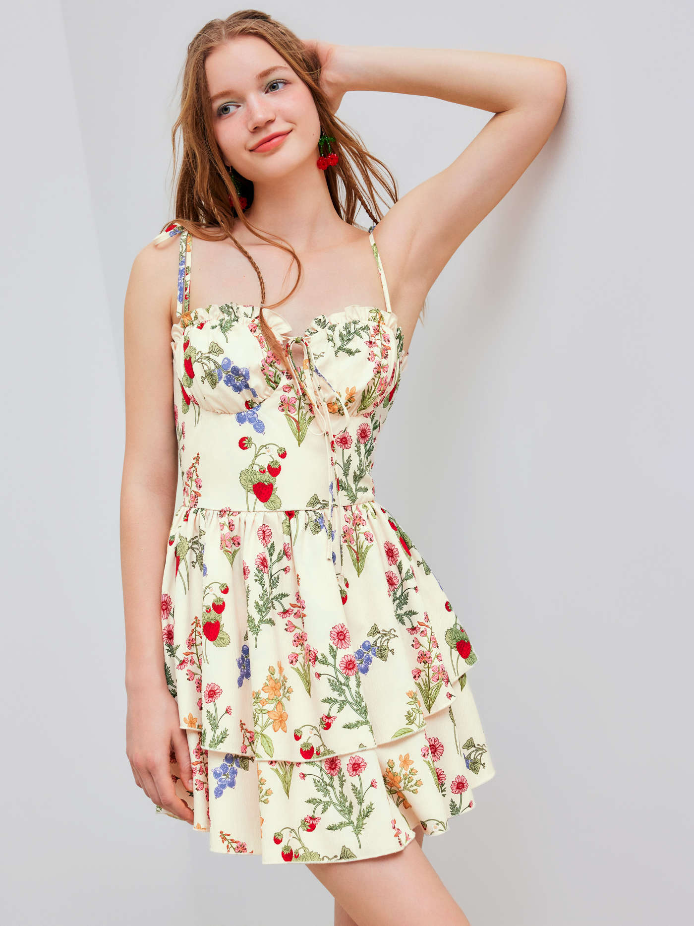 Woven Woven Floral & Fruit Ruffle Hem Knotted Layered Mini Dress For Vacation