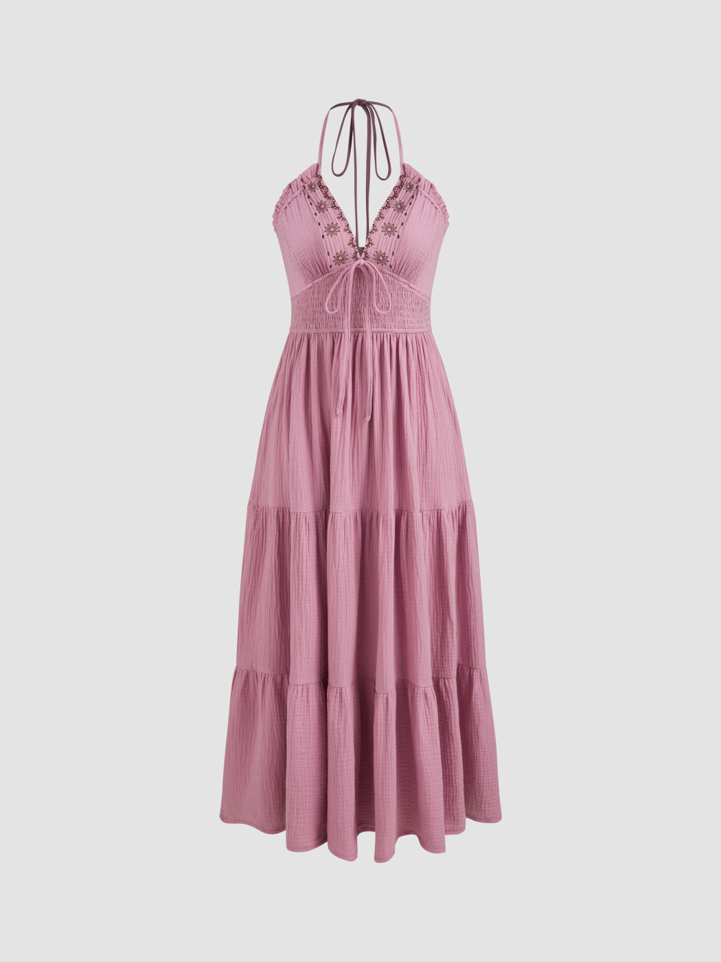 Halter Solid Knotted Shirred Ruffle Maxi Dress