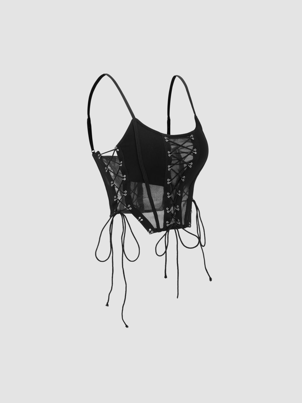 Mesh Scoop Neckline Solid Corset Lace Up Cami Crop Top
