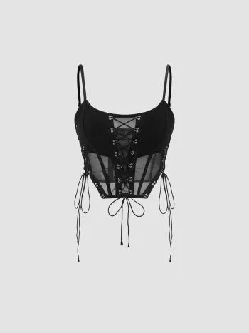 Mesh Scoop Neckline Solid Corset Lace Up Cami Crop Top