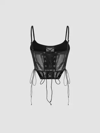 Mesh Scoop Neckline Solid Corset Lace Up Cami Crop Top