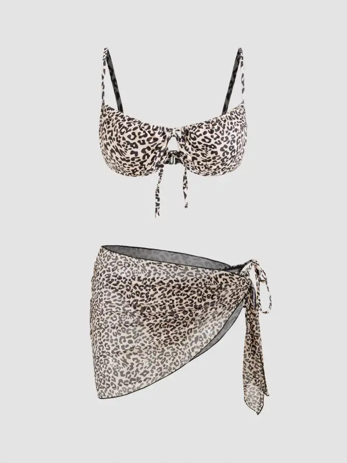 Surf League Halter Neckline Graphic Knotted Triangle Cheeky Bikini Set With Cover Up Shorts