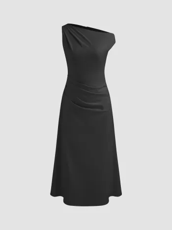 Asymmetrischer Hals, einfarbig, geriffeltes Maxikleid