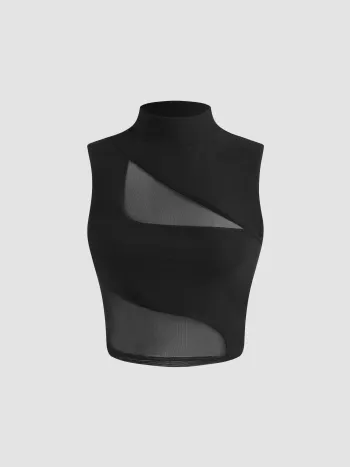 Mesh High Neck Patched Crop Top