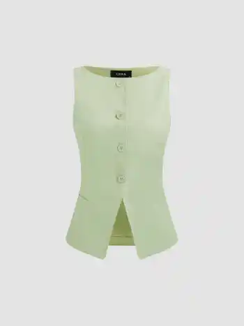 Woven Boat Neck Solid Button Vest