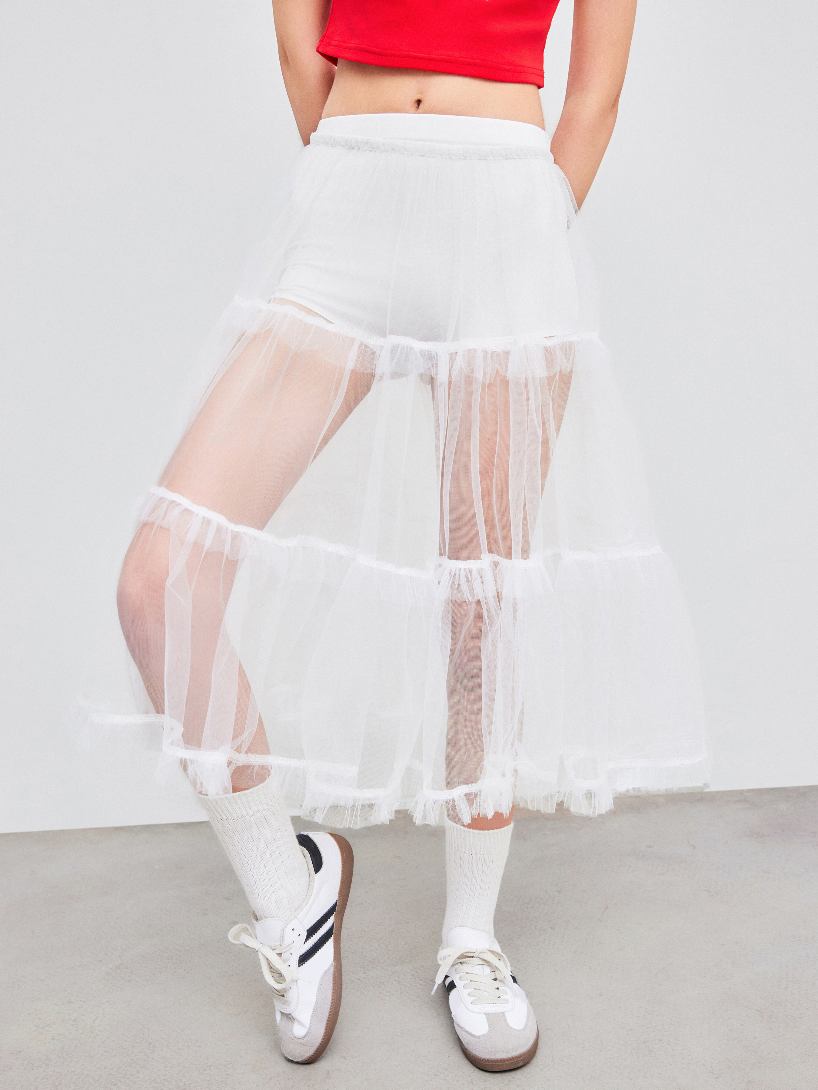 Mesh Mesh Mid Rise Solid Tiered Tulle See-through Maxi Skirt