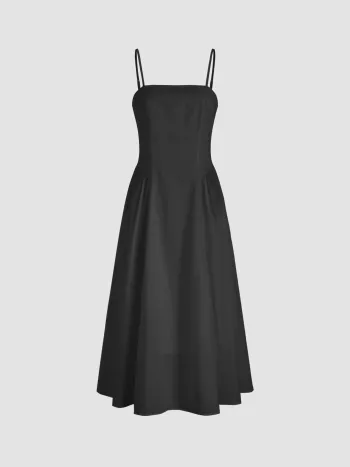 Woven Square Neck Solid Ruffle Hem Midi Dress