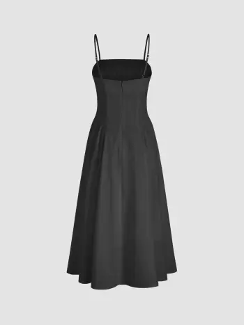 Woven Square Neck Solid Ruffle Hem Midi Dress