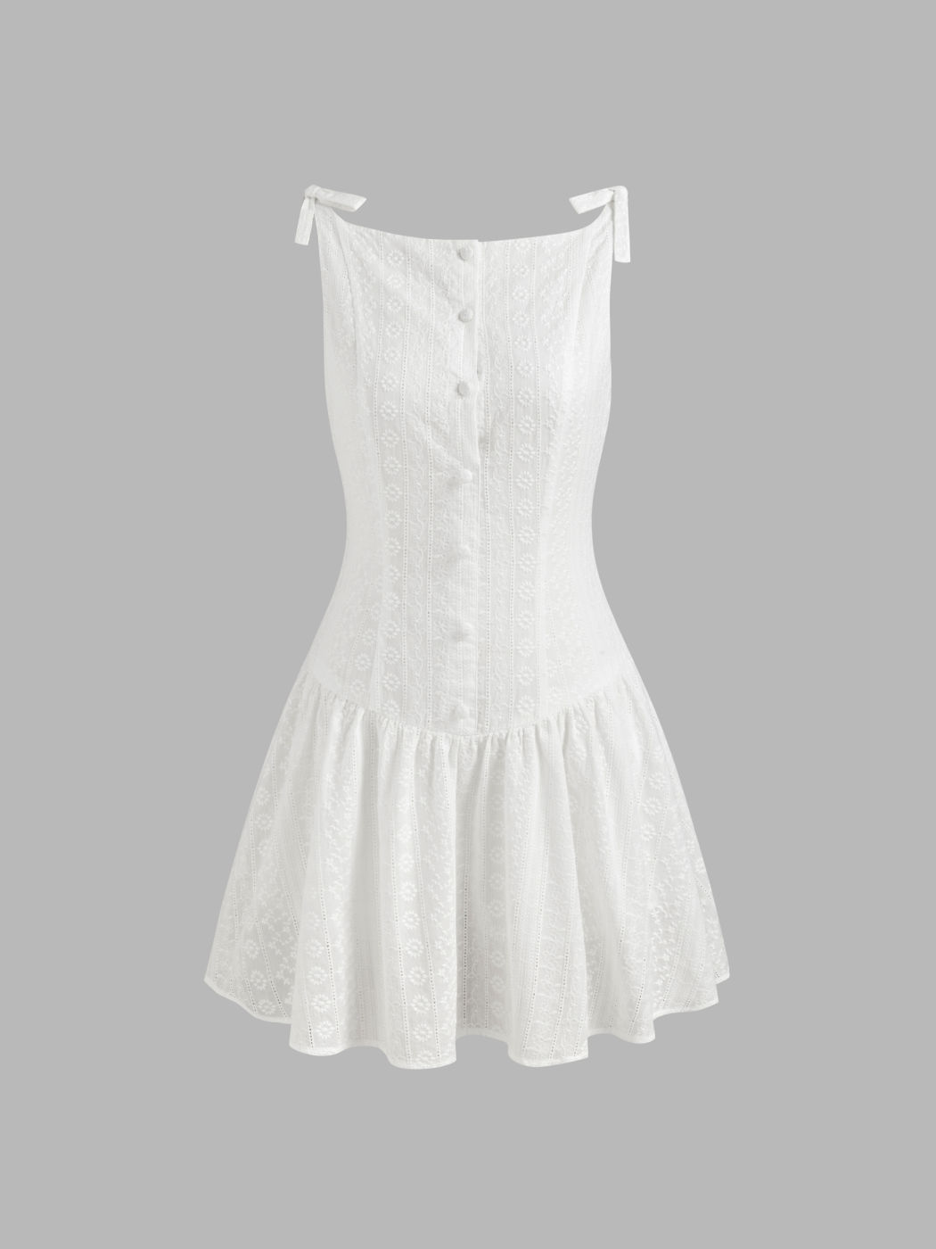 V-neck Floral Embroidery Bowknot Button Mini Dress