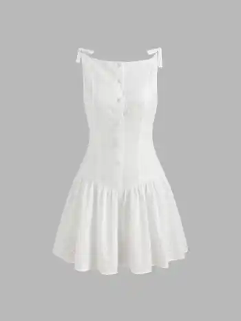 V-Ausschnitt Blumenstickerei Schleifenknopf Minikleid