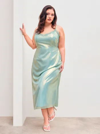 Gewebtes V-Ausschnitt Spitzenbesatz Maxikleid Kurve & Plus