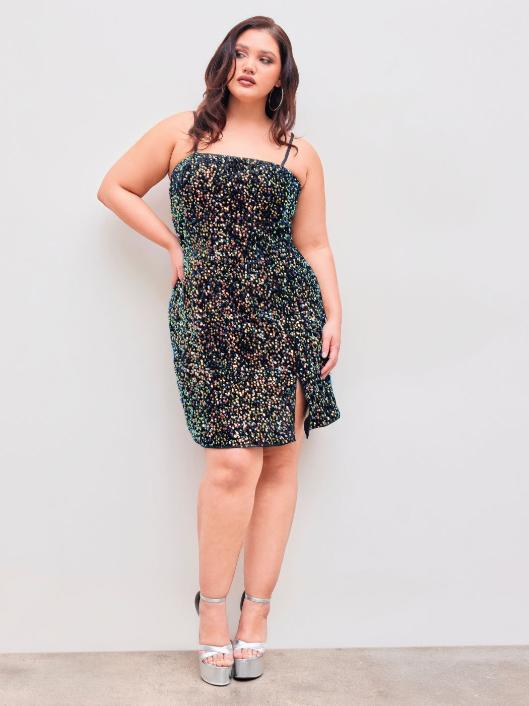 Pailletten Quadratischer Ausschnitt Split Minikleid Kurve & Plus