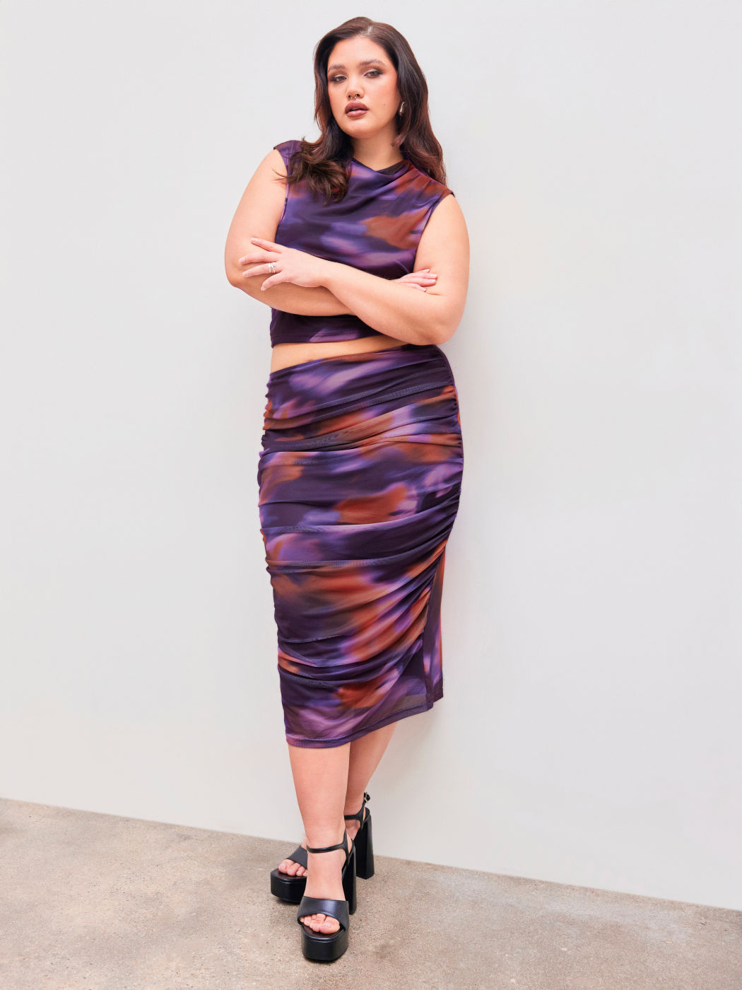 Mesh Abstract Crop Tank Top & Ruched Maxi Skirt Curve & Plus