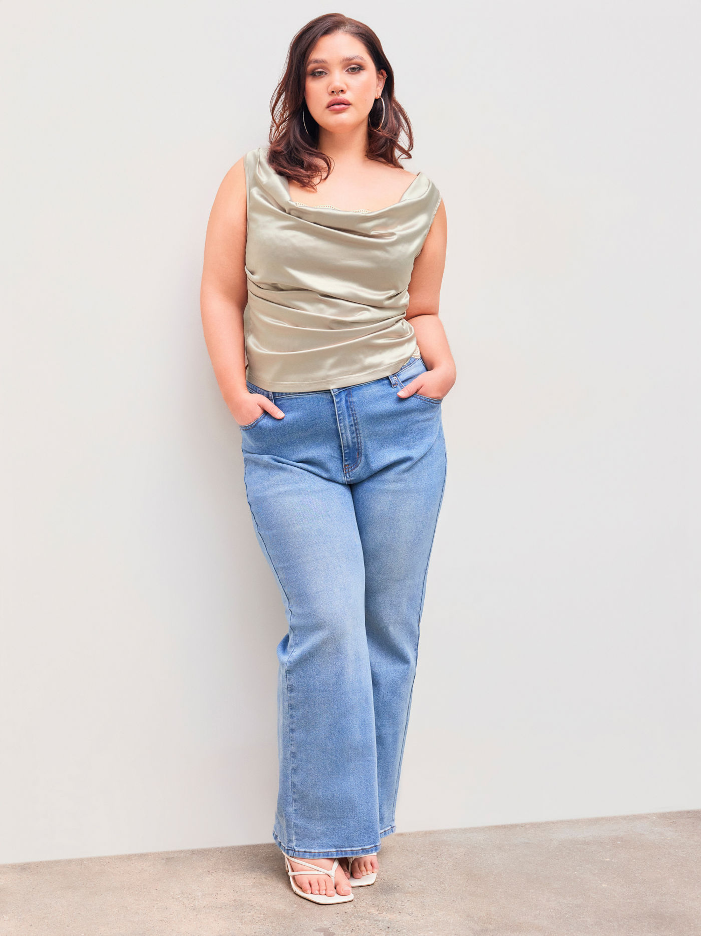 Satin Cowl Neck Ruched Solid Tank Top & FLoral Crop Tube Top Curve & Plus