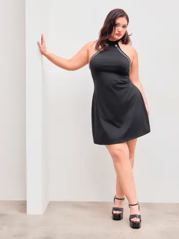 Halter Solido Backless Catena Strass Mini Dress Curve & Plus