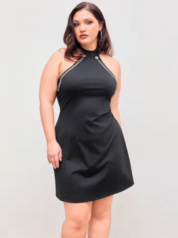 Halter Solido Backless Catena Strass Mini Dress Curve & Plus