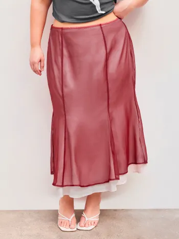 Gonna midi solida a vita media a doppio strato Curve & Plus