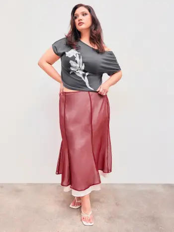 Gonna midi solida a vita media a doppio strato Curve & Plus