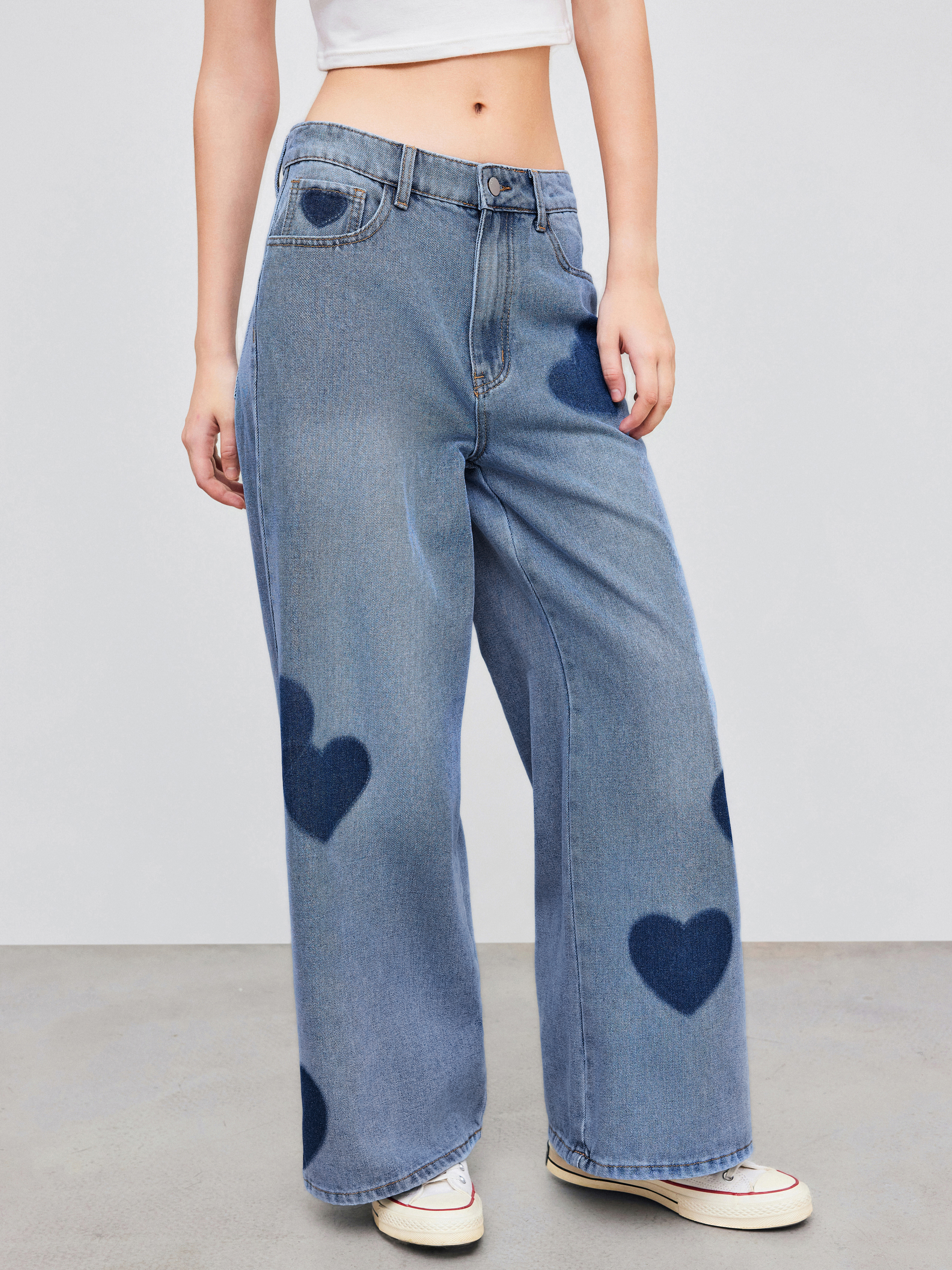 Denim Cider Denim Mid Rise Heart Print Wide Leg Jeans For