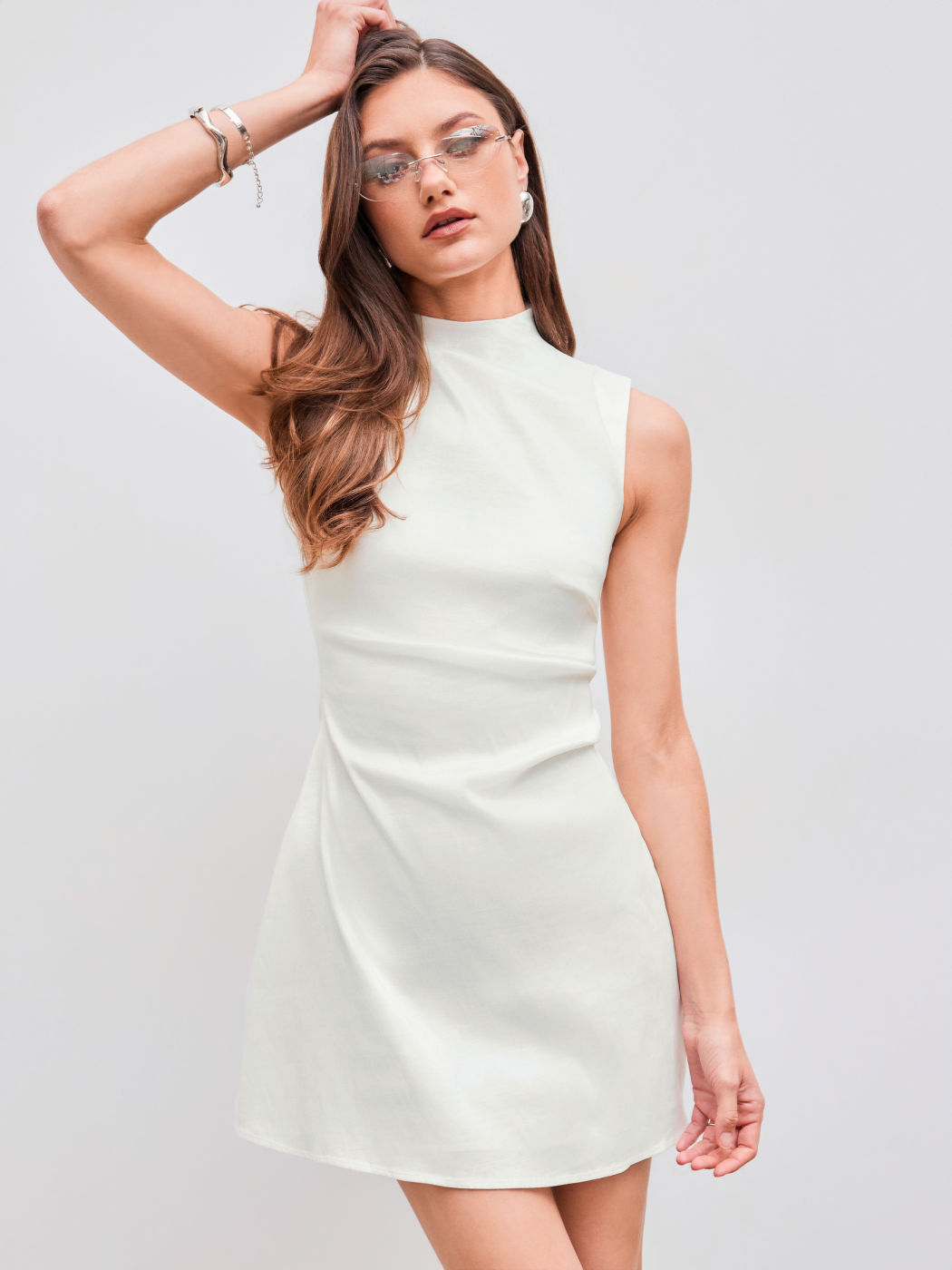 Woven Stand Collar Solid Ruched Mini Dress