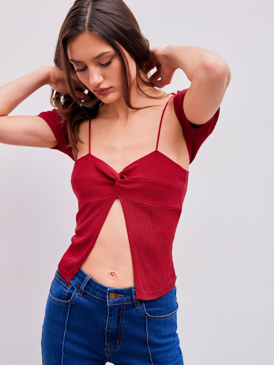 Knit V-neck Twist Cami Top & Short Sleeve Shrug 