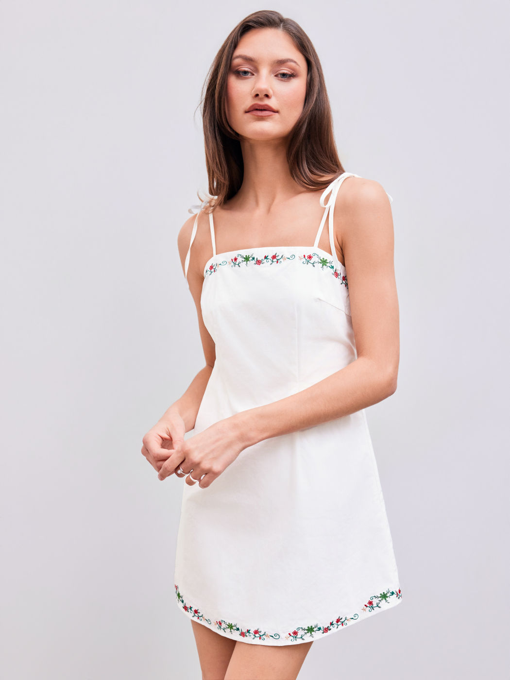 Square Neck Floral Embroidery Knotted Mini Dress
