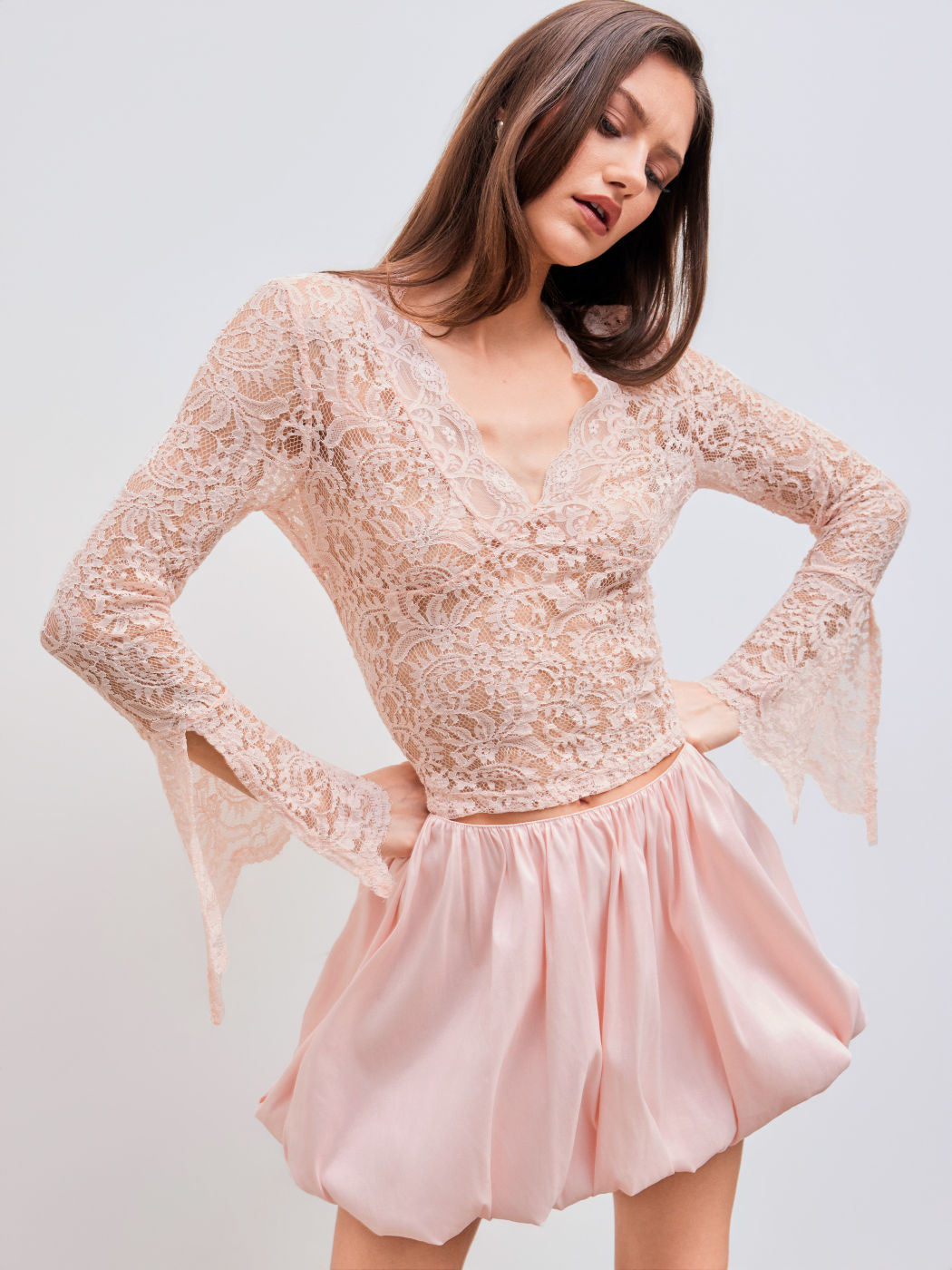 Lace V-neck Bell Sleeve Blouse