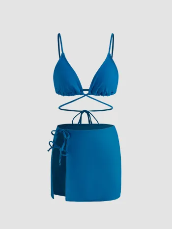 V-Ausschnitt Einfarbiger Dreieck-Bikini mit geknotetem Split-Cover-Up-Rock