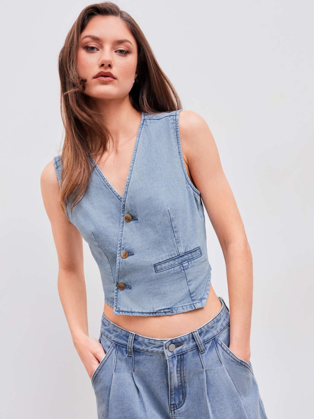Vest Women Denim Denim V-neck Solid Asymmetrical Button Vest For 
