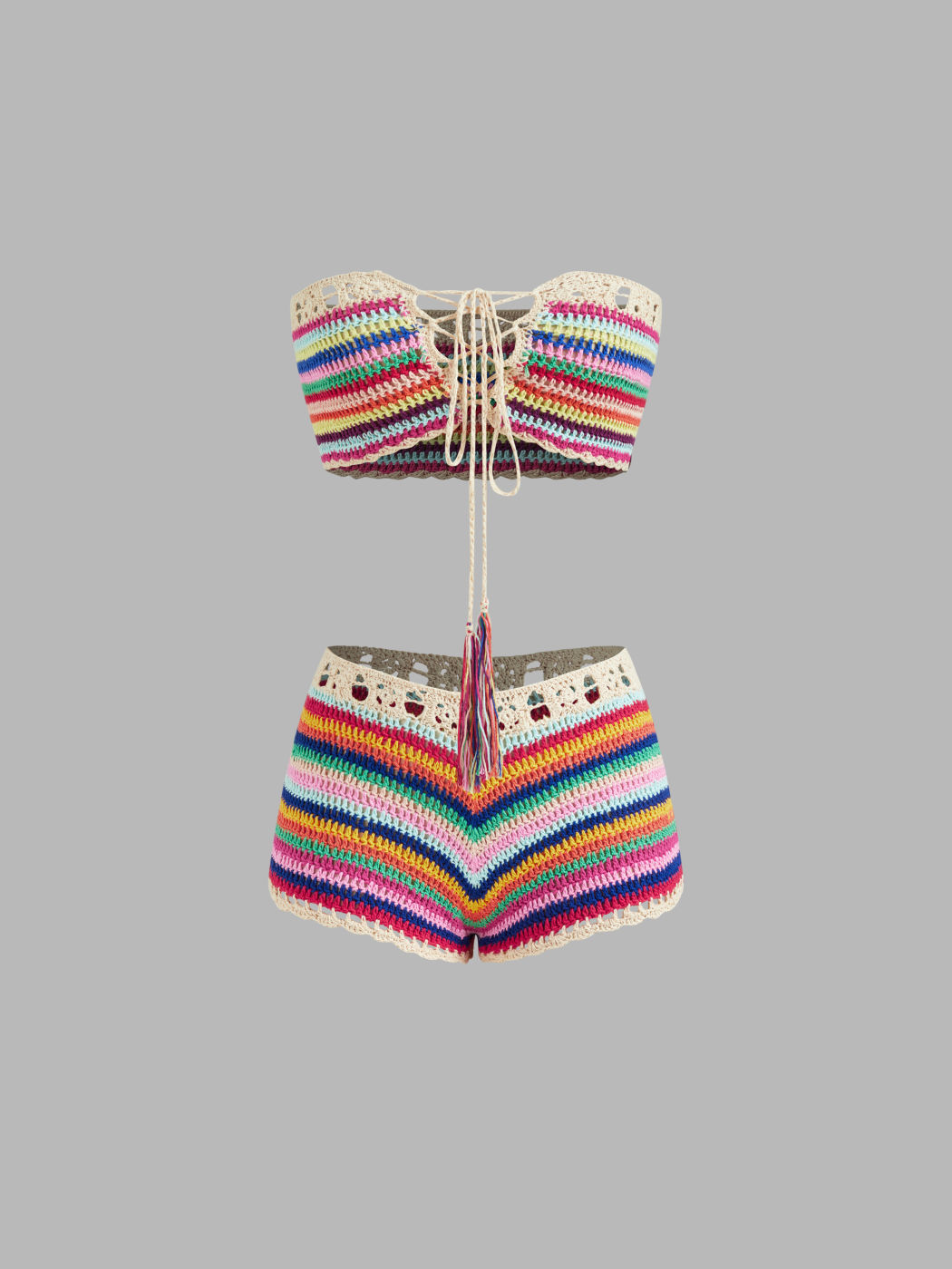 Crochet Rainbow Striped Lace Up Crop Tube Top & Low Rise Shorts