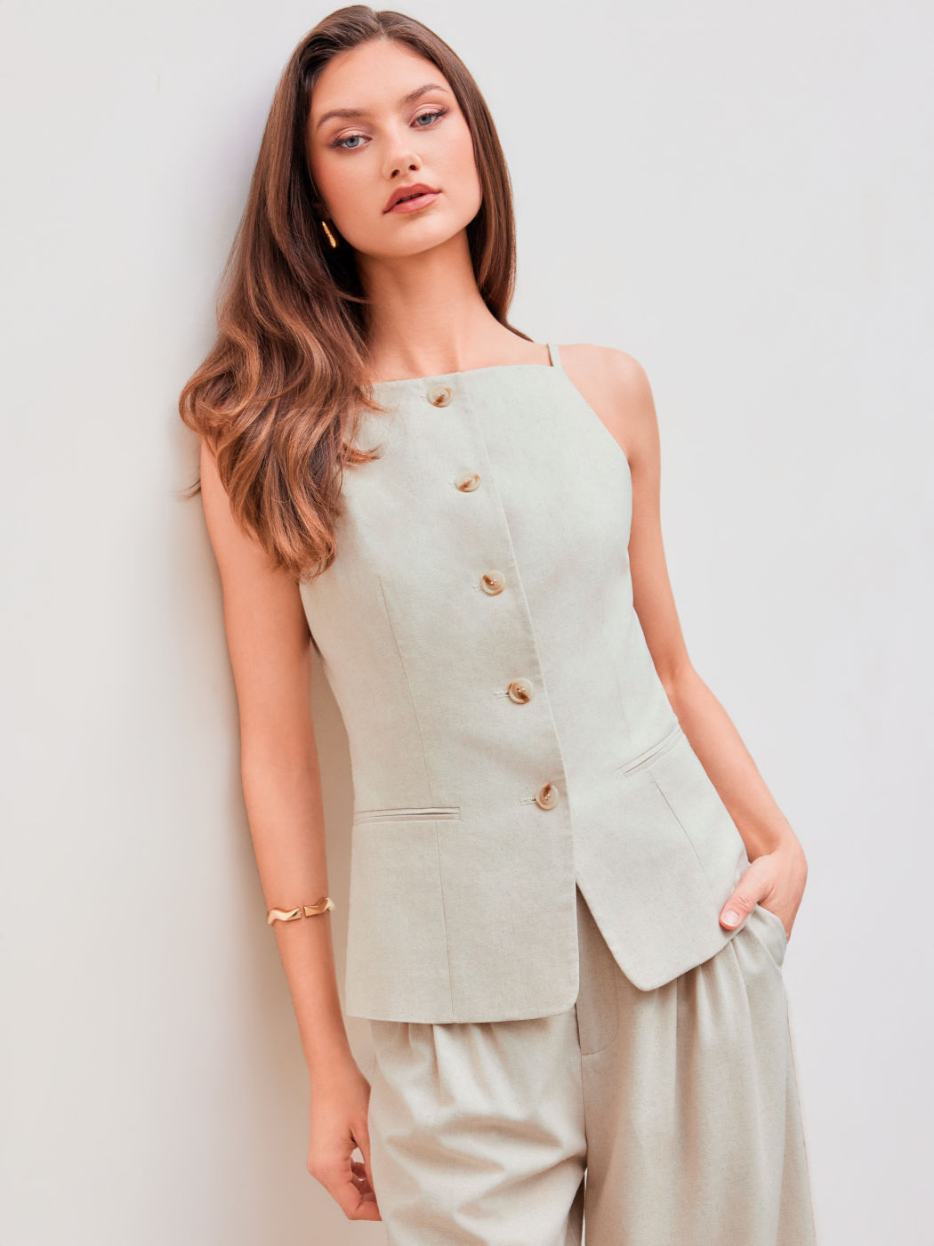 Linen-blend Square Neck Solid Blazer Vest