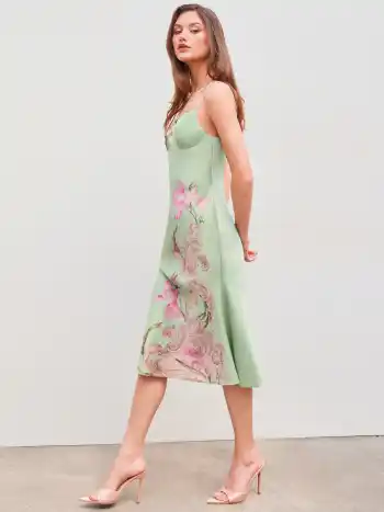 Satin Floral Backless Midi Dress