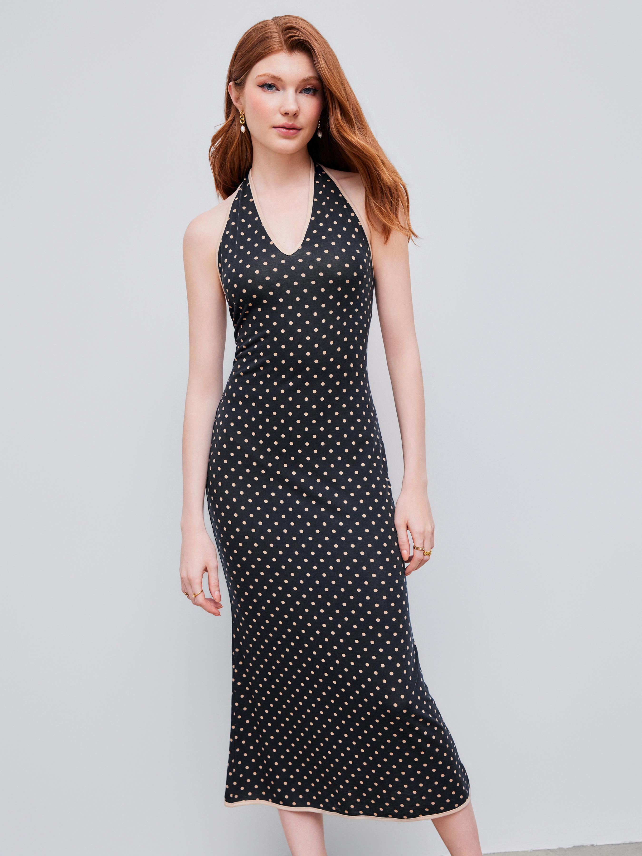 Halter Polka Dot Knotted Contrasting Binding Midi Dress For Date