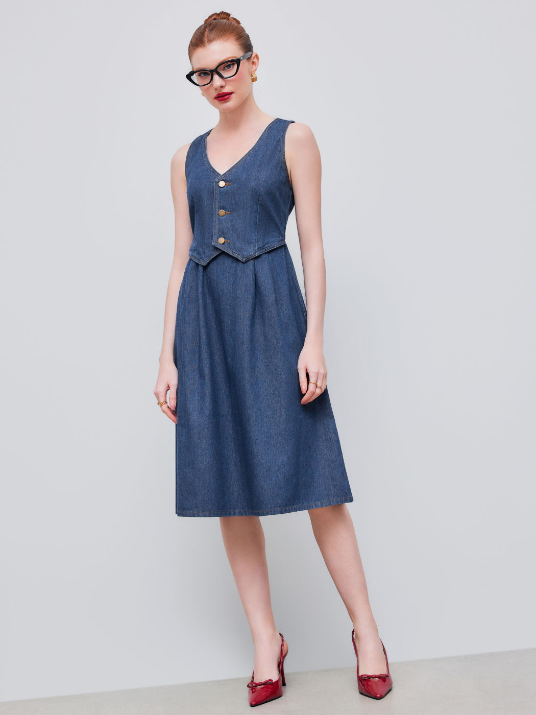 Jeanskleid mit Knopf und Tasche ohne Ärmel Maxikleid