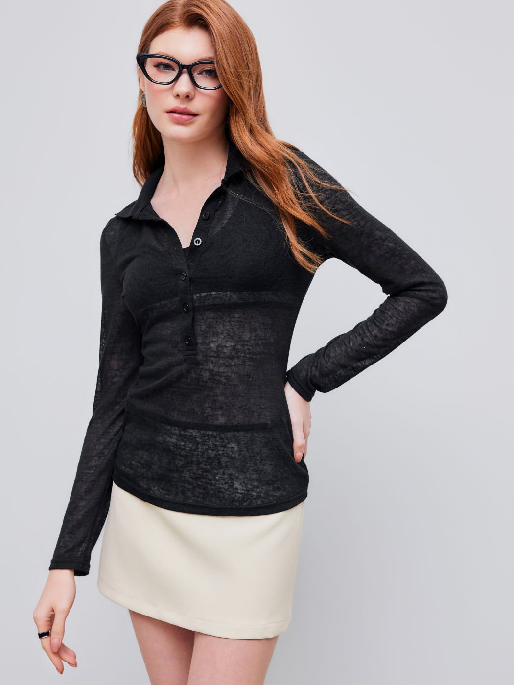 Jersey Polo Solid See-through Long Sleeve Top