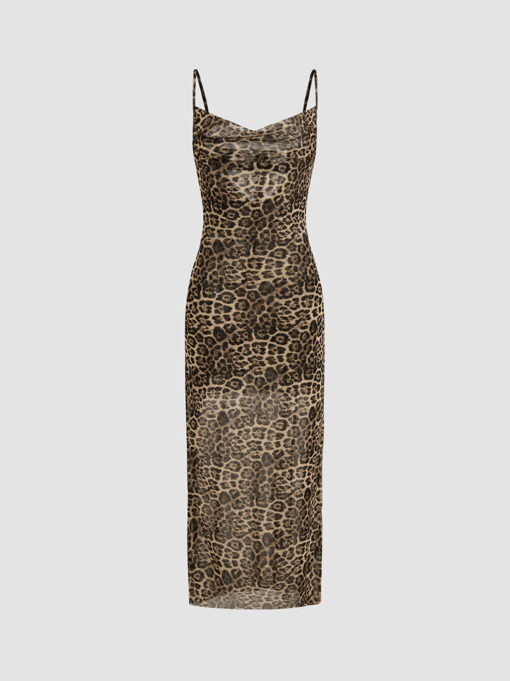 Maxi abito leopardato con scollo a cappuccio in rete