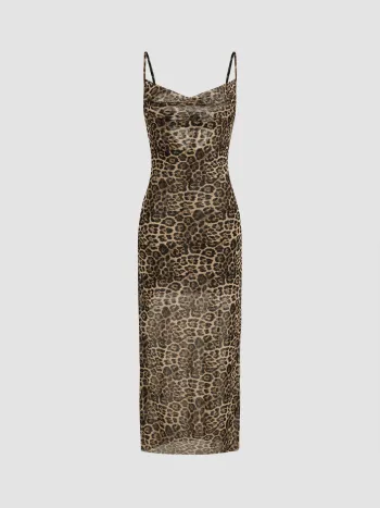 Maxi abito leopardato con scollo a cappuccio in rete