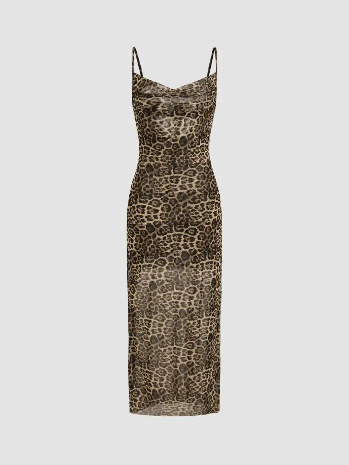 Boat Neck Leopard Print Zipper Mini Dress