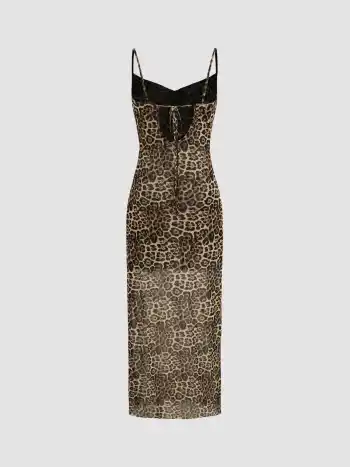 Maxi abito leopardato con scollo a cappuccio in rete